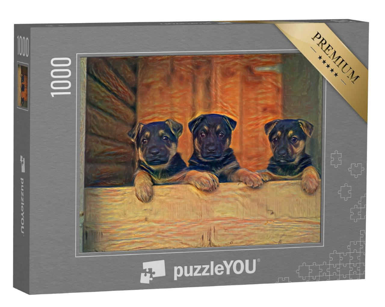 Puzzel 1000 stukjes „in de stijl van Edvard Munch, De schreeuw - Duitse herder puppy's“