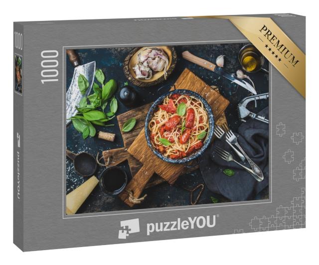 Puzzle 1000 Teile „Italienischer Stil: Pasta, Spaghetti mit Tomaten und Basilikum“
