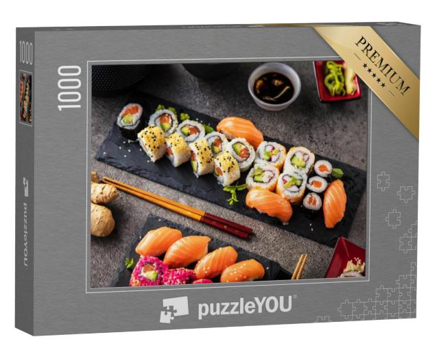 Puzzel 1000 stukjes „Sushi variëteiten op leistenen bordjes met en gember“