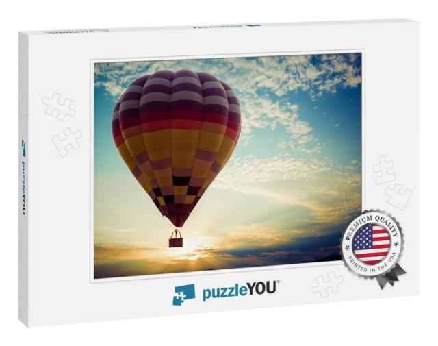Colorful Hot Air Balloon Flying on Sky At Sunset. Travel... Jigsaw Puzzle