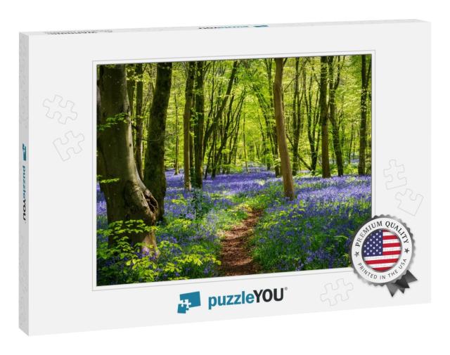 Sun Streams Through Bluebell Woods with Deep Blue Purple... Jigsaw Puzzle