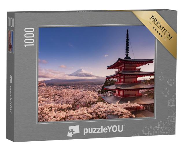 Puzzel 1000 stukjes „De berg Fuji en de Chureito-pagode met kersenbloesem, Japan“