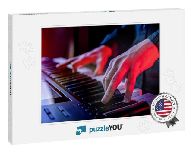 Male Hands Playing Electric Synthesizer Digital Piano, Fi... Jigsaw Puzzle