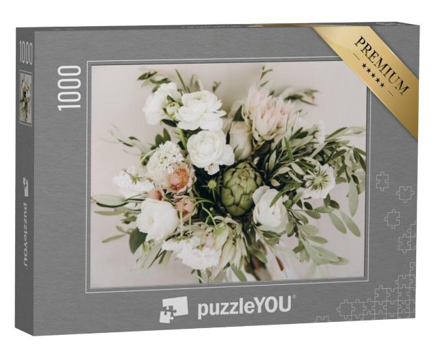 Puzzel 1000 stukjes „Bruiloft boeket van bloemen en groen met wit lint“