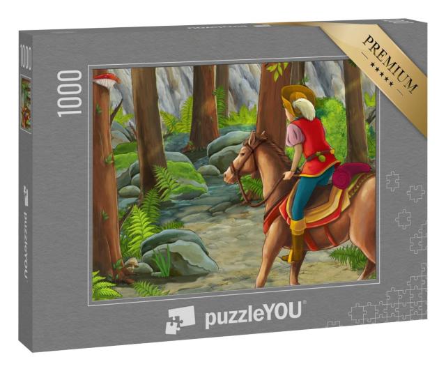 Puzzle 1000 Teile „Cartoon-Szene mit einem Reiter im Wald“