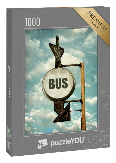 Puzzle 1000 Teile „Vintage-Foto eines Busschildes, im Hintergrund bewölkter Himmel“