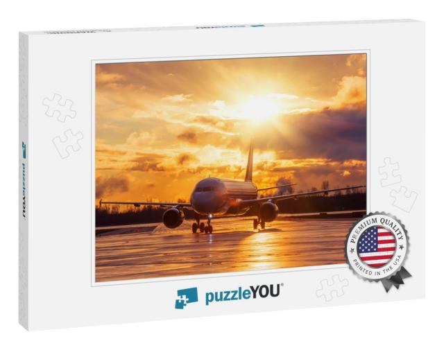Airplane on Airport Runway Under Sunset View Dramatic Sky... Jigsaw Puzzle