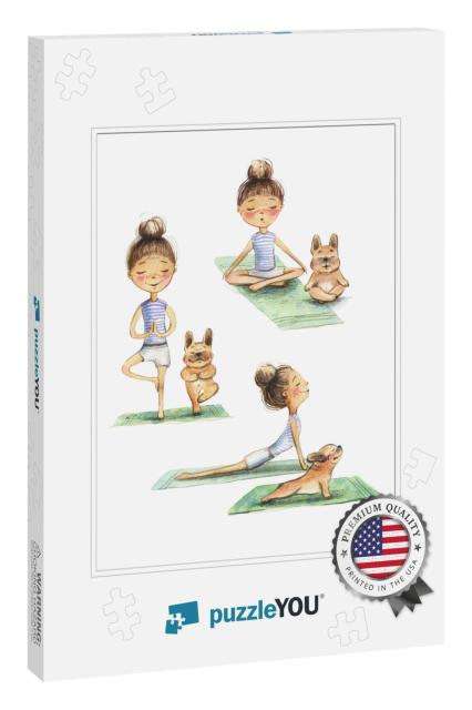 Cartoon Girl Doing Yoga with Her Dog French B... Jigsaw Puzzle