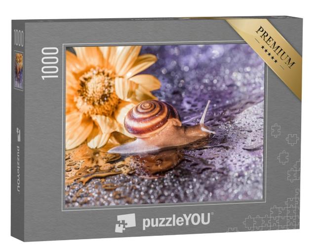 Puzzel 1000 stukjes „Een kleine slak tussen regendruppels“