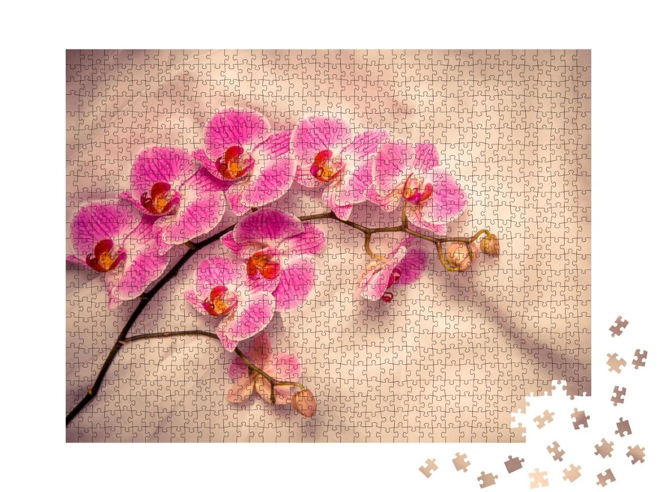 Puzzle 1000 Teile „Der Zweig der lila Orchidee auf weißem Stoff“