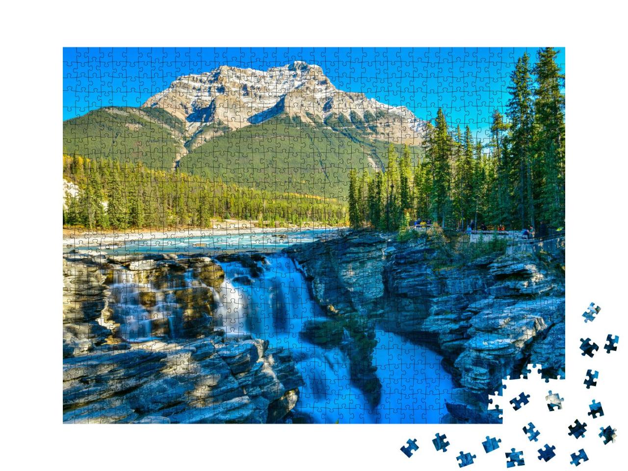 Puzzle 1000 Teile „Wasserfälle von Athabasca im Herbst, Jasper National Park, Kanada“