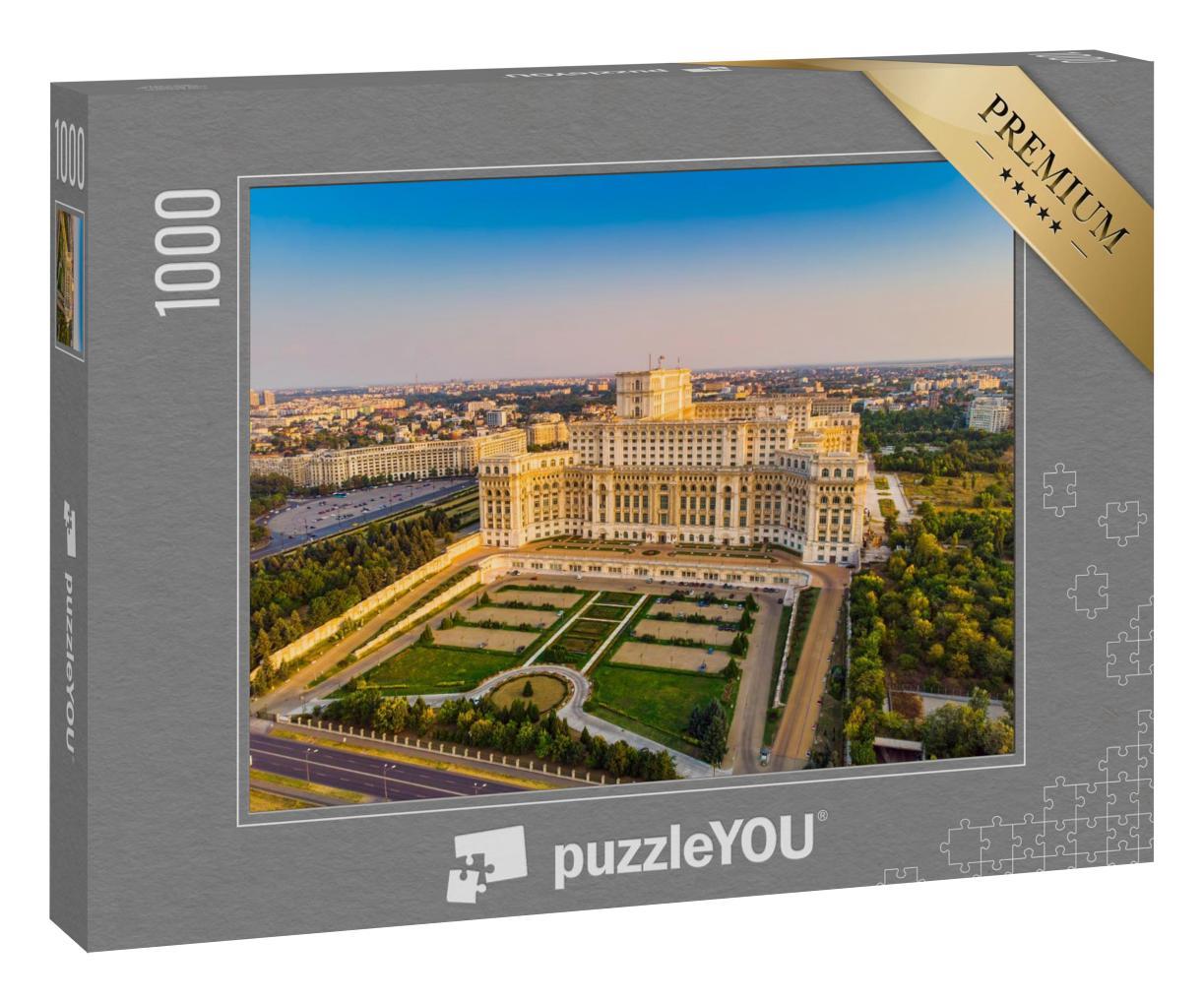 Puzzle 1000 Teile „Parlamentsgebäude von Bukarest bei Sonnenuntergang“