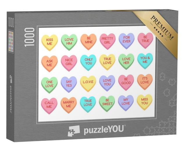 Puzzel 1000 stukjes „Zoete snoepjes en hartjes voor Valentijnsdag“