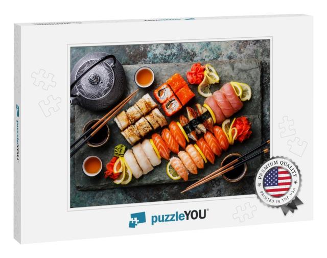 Sushi Set Nigiri & Sushi Rolls with Tea Served on Gray St... Jigsaw Puzzle