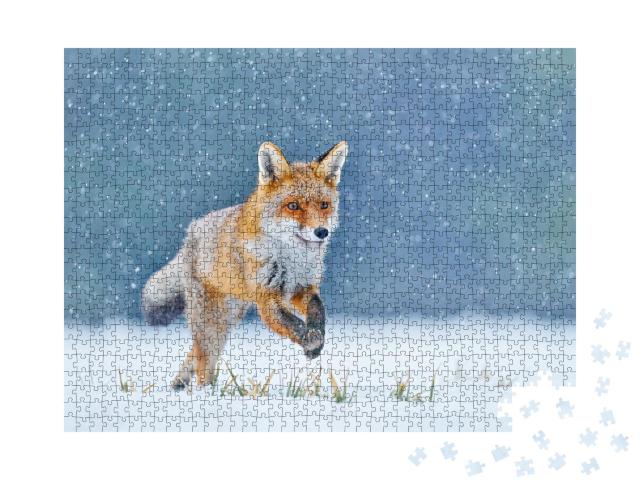 Puzzle 1000 Teile „Rotfuchs jagt über Schneewiese“