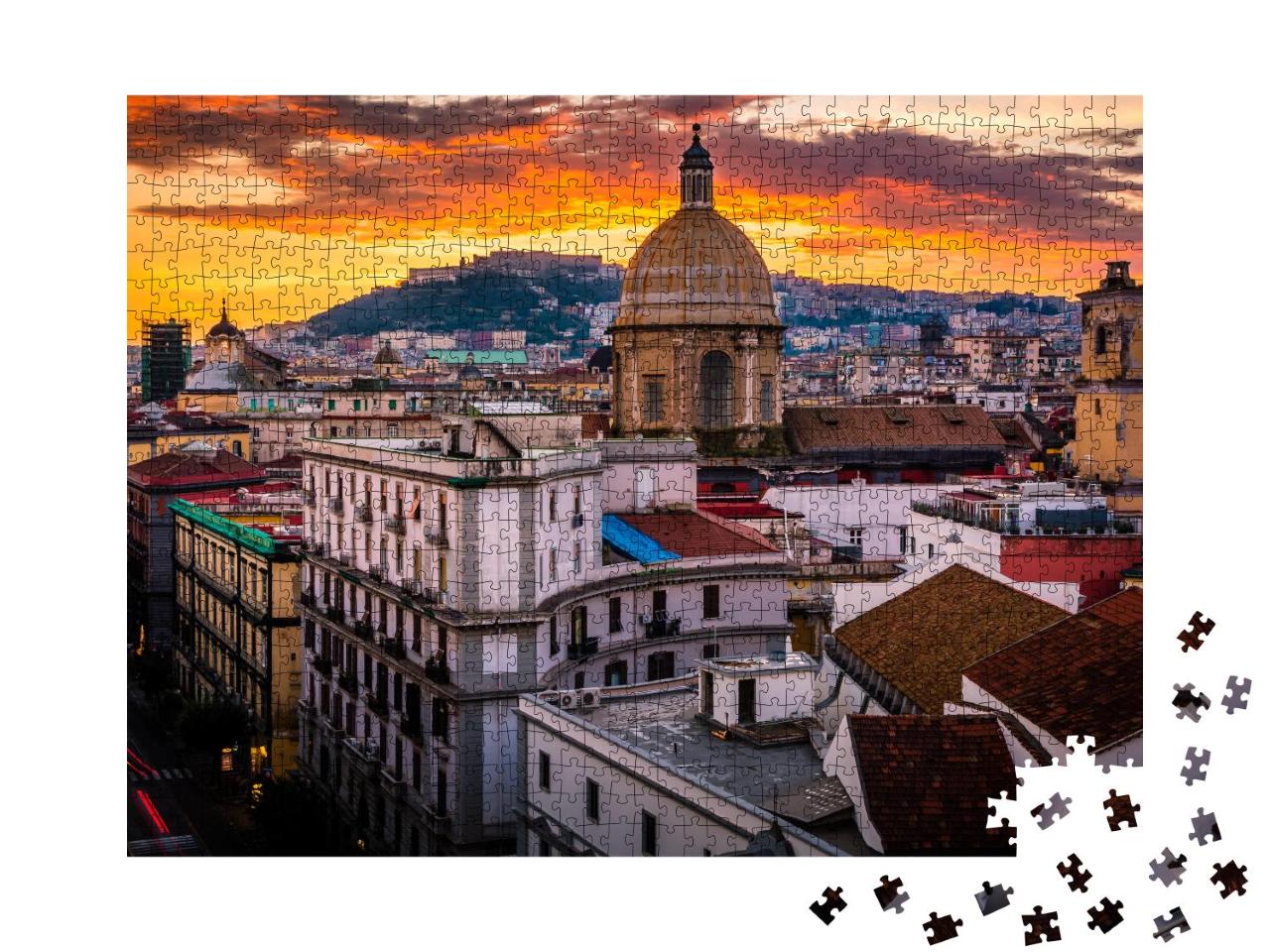 Puzzle 1000 Teile „Atemberaubende Dachansicht von Neapel von oben bei Sonnenuntergang“