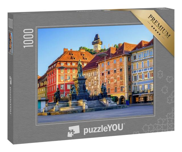 Puzzle 1000 Teile „Bunte Fassaden und Uhrenturm in der Grazer Altstadt, Österreich“
