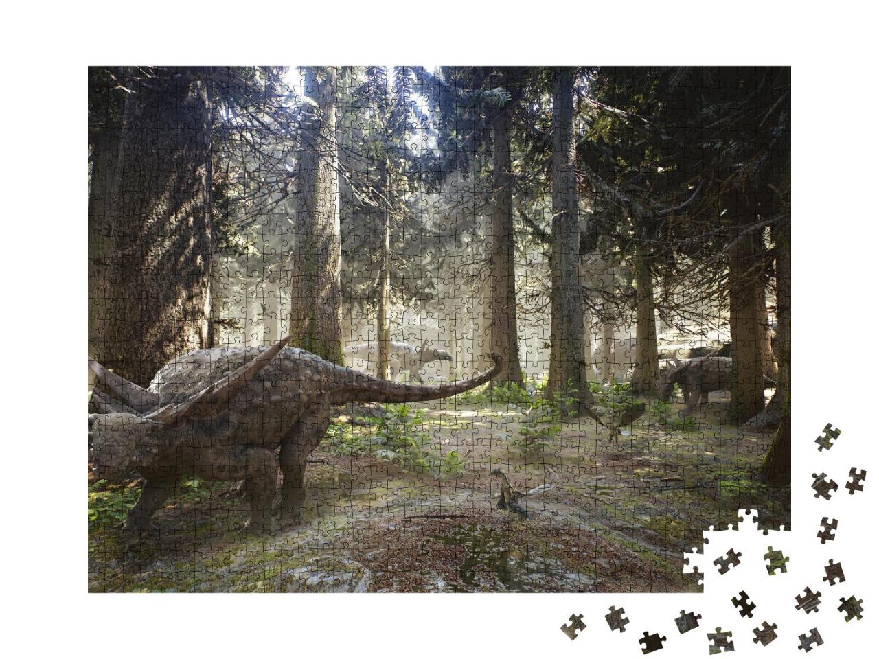 Puzzle 1000 Teile „Animation: eine Herde von Sauropelta-Dinosauriern grast in einem Wald“