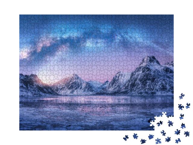 Puzzle 1000 Teile „Milchstraße über dem gefrorenen Meer, Winternacht auf den Lofoten, Norwegen“