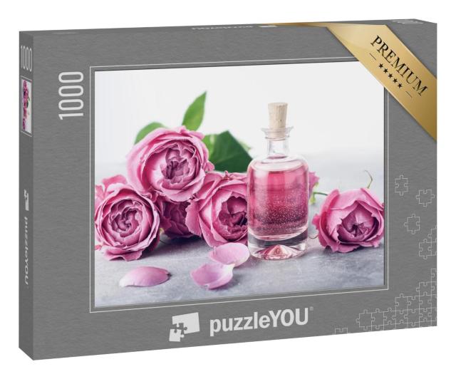 Puzzle 1000 Teile „Rosenwasser in einem Glasfläschchen“
