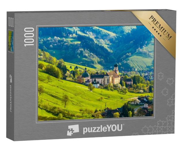 Puzzel 1000 stukjes „Pittoresk bergdorpje met huizen en klooster, Münstertal, Zwarte Woud“