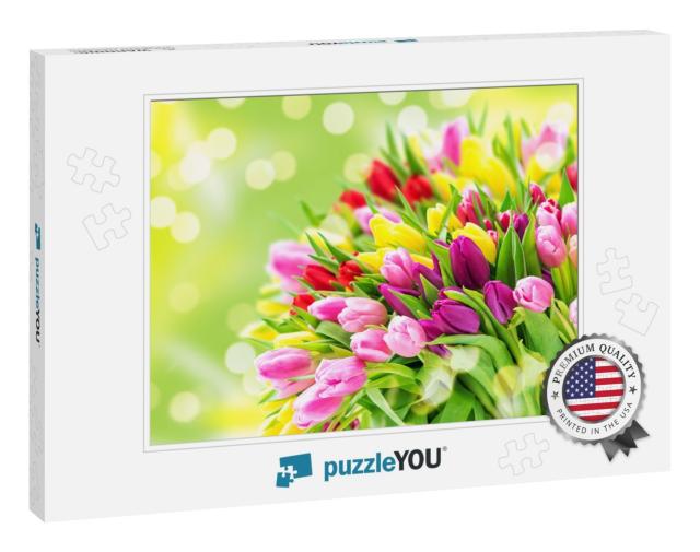 Fresh Spring Tulip Flowers Bouquet on Blurred Background... Jigsaw Puzzle