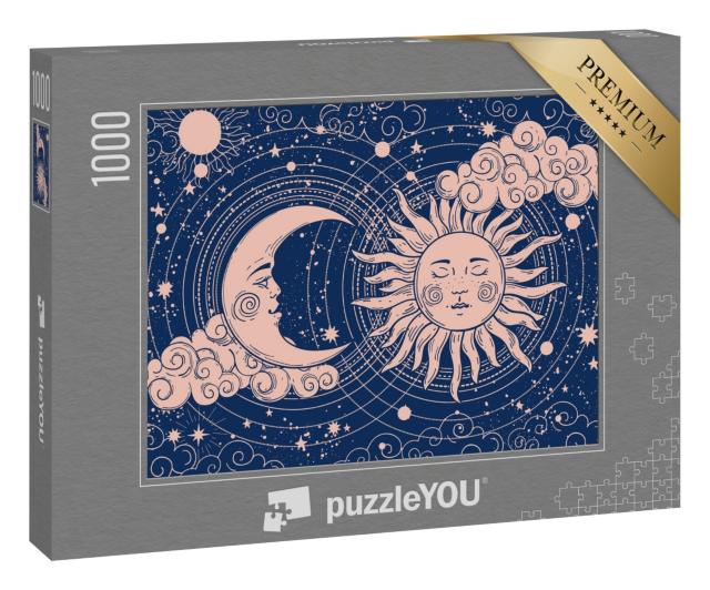 Puzzle 1000 Teile „Mondsichel und Sonne mit Mond auf einem blauen Hintergrund, Esoterik“