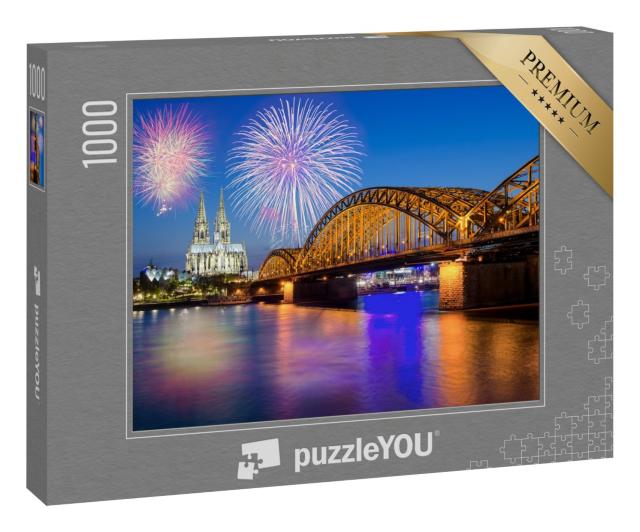 Puzzle 1000 Teile „Silvesterfeuerwerk am Kölner Dom mit Hohenzollernbrücke“