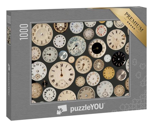 Puzzle 1000 Teile „Verschiedene alte Uhrenziffernblätter auf grauem Hintergrund “