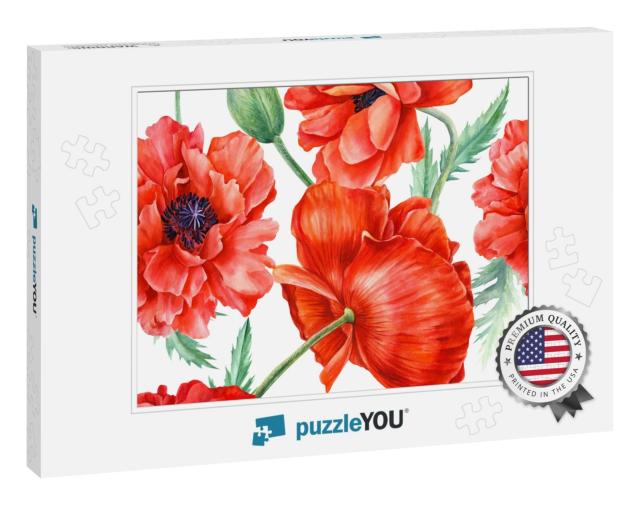 Red Poppies Flowers on Isolated Background, Watercolor Il... Jigsaw Puzzle