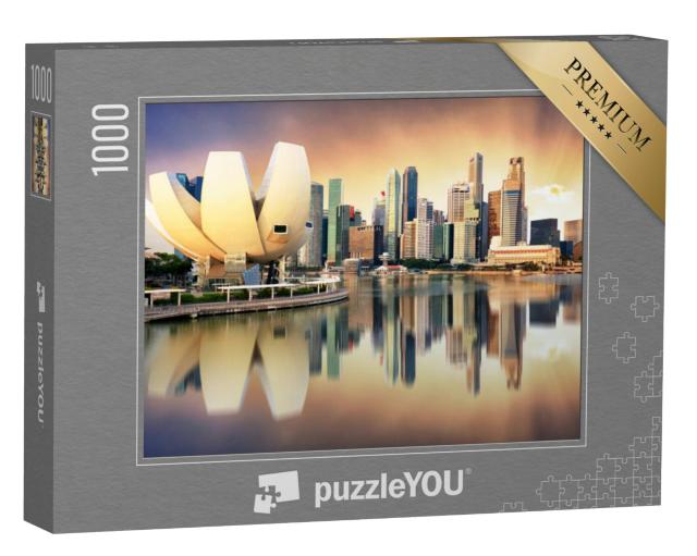 Puzzel 1000 stukjes „Singaporese skyline bij de jachthaven in het avondlicht“