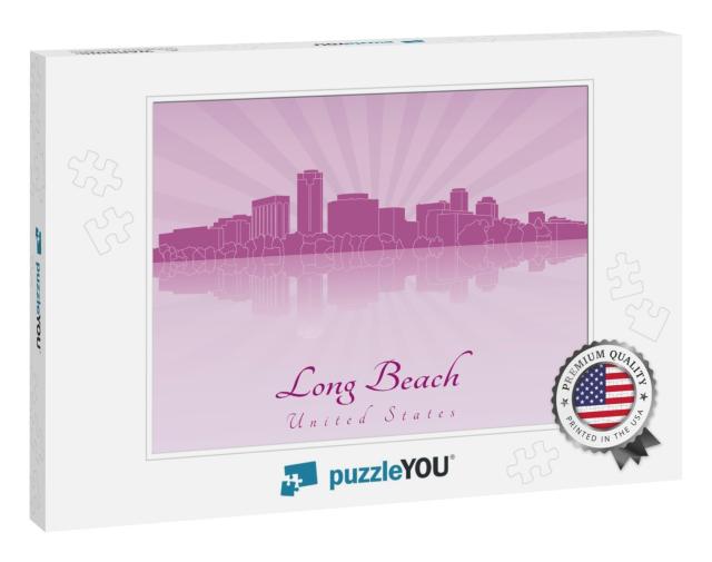 Long Beach Skyline in Purple Radiant Orchid in Editable V... Jigsaw Puzzle