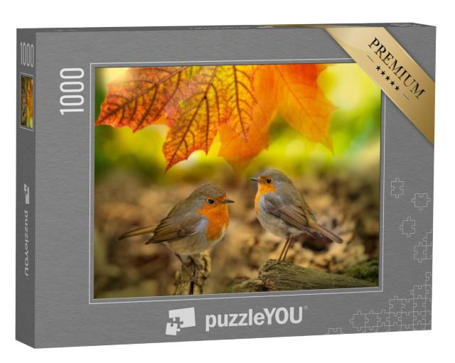 Puzzel 1000 stukjes „Twee roodborstjes in het herfstbos“