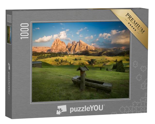 Puzzel 1000 stukjes „Alpe di Siusi met Sassolungo groep bij zonsondergang, Zuid-Tirol, Italië“