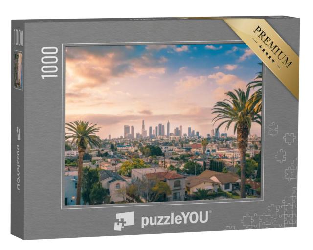 Puzzel 1000 stukjes „De skyline van de binnenstad van Los Angeles met palmbomen“