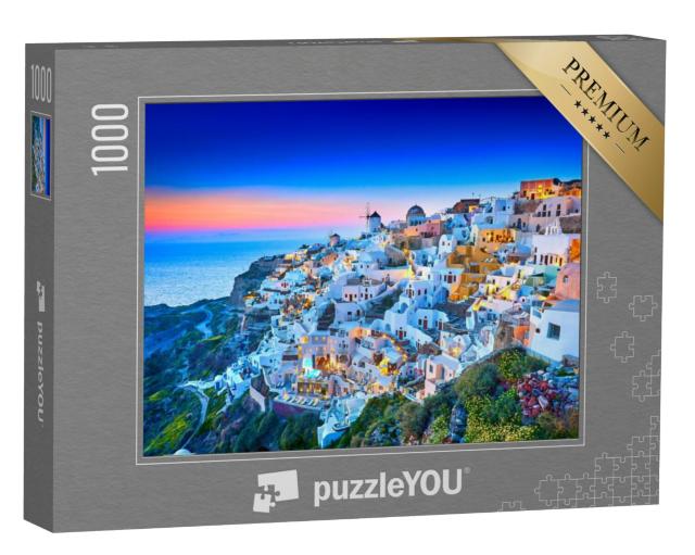 Puzzel 1000 stukjes „Kerk van Santorini met romantische zonsondergang, Griekenland“