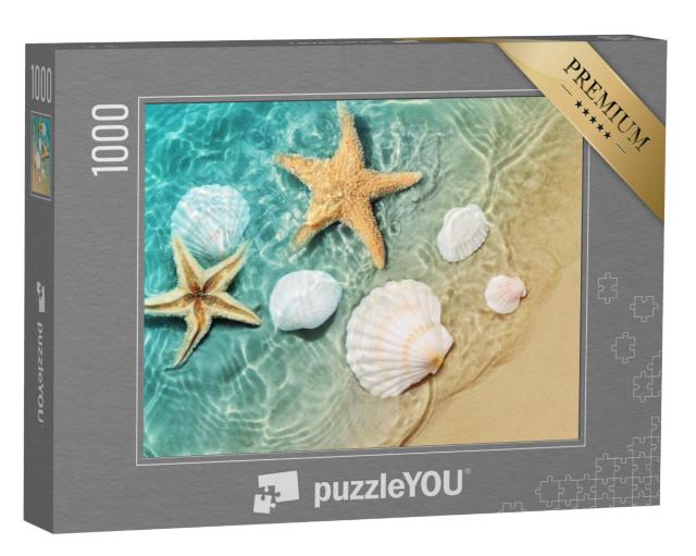 Puzzel 1000 stukjes „Zeesterren en schelpen in de zachte branding op het strand“