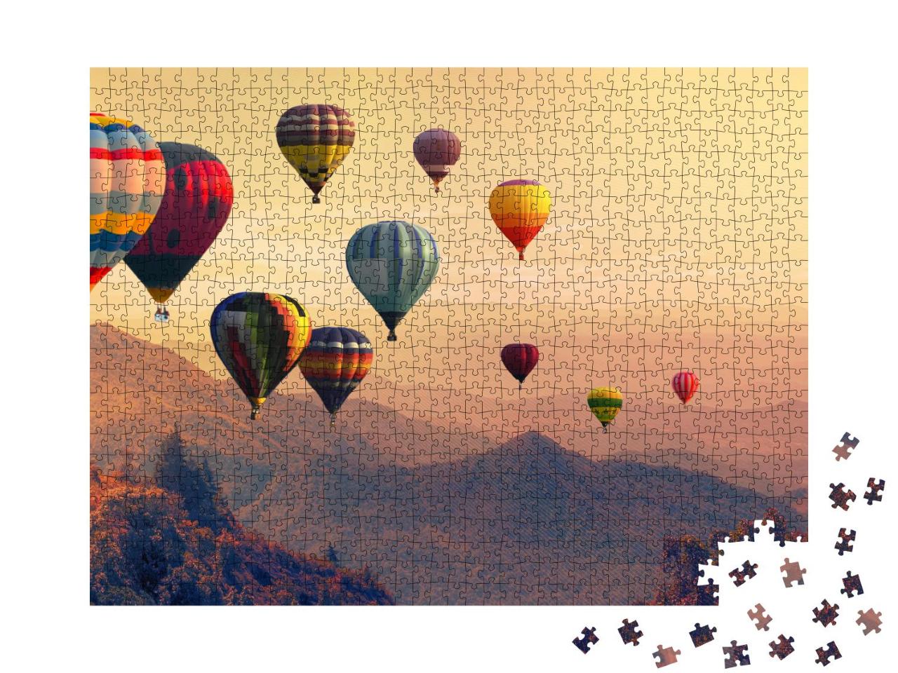 Puzzle 1000 Teile „Heißluftballon über hohem Berg bei Sonnenuntergang“