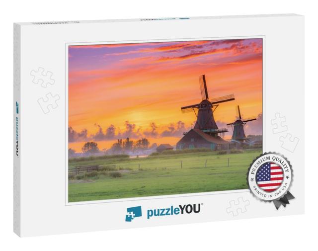 Traditional Village with Dutch Windmills & River At Sunse... Jigsaw Puzzle