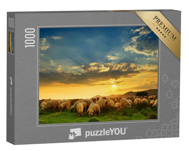 Puzzel 1000 stukjes „Een kudde schapen graast op een heuvel bij zonsondergang“