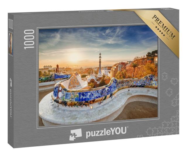 Puzzle 1000 Teile „Sonnenaufgang im Park Güell mit Blick auf Barcelona“