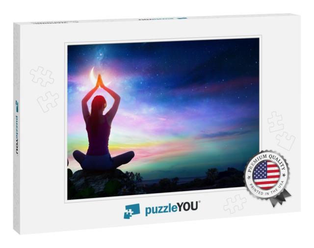 Woman Doing Yoga with Lotus Flowers & Chakra Gradient Col... Jigsaw Puzzle