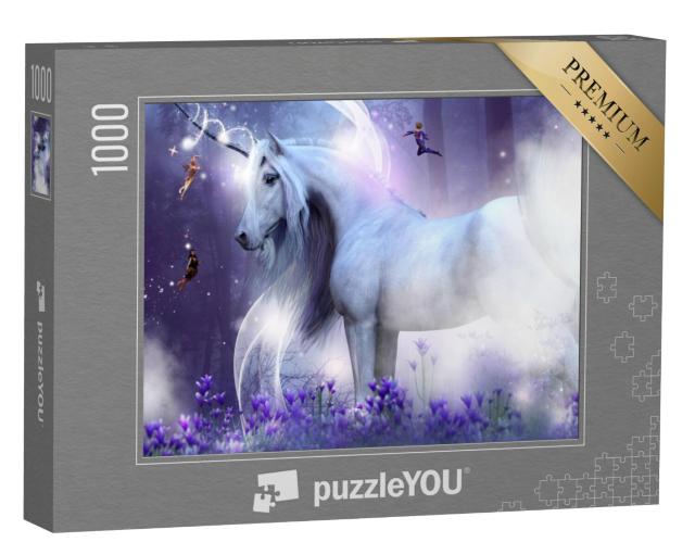 Puzzel 1000 stukjes „Majestueuze eenhoorn met drie betoverende feeën“