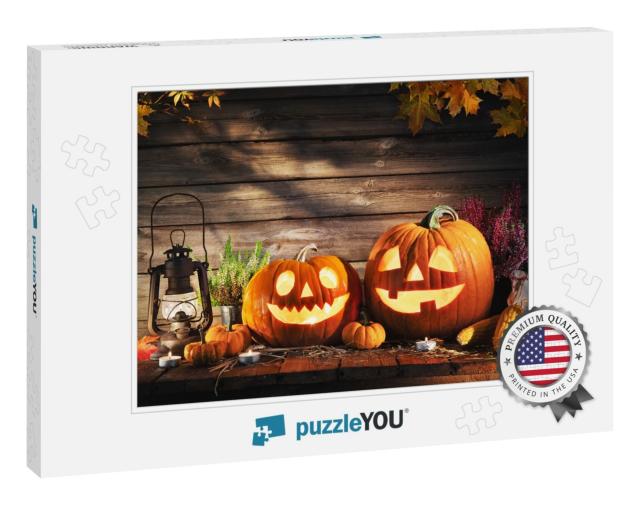 Halloween Pumpkin Head Jack-O-Lantern on Wooden Backgroun... Jigsaw Puzzle