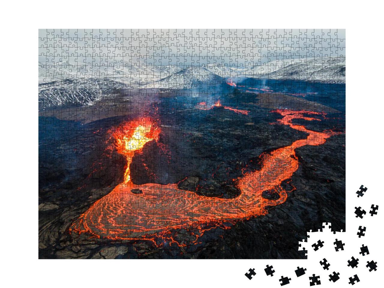 Puzzle 1000 Teile „Lavaströme auf aktivem Vulkan, Luftaufnahme, Berg Fagradalsfjall, Island“