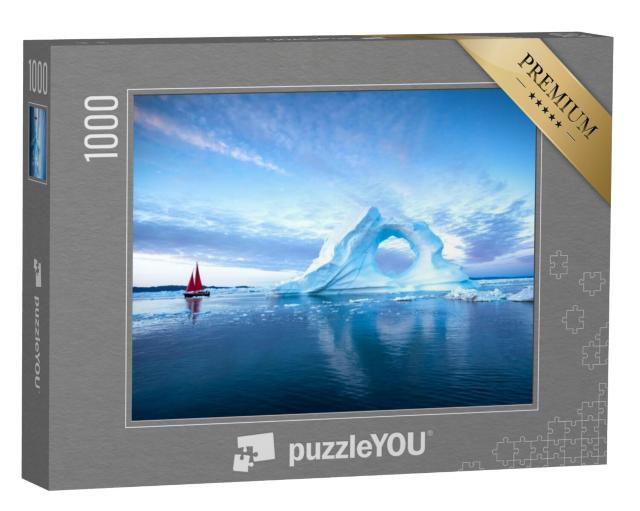 Puzzel 1000 stukjes „Zeilboot met rode zeilen voor enorme ijsbergen in de avond, Disko Bay, Groenland“