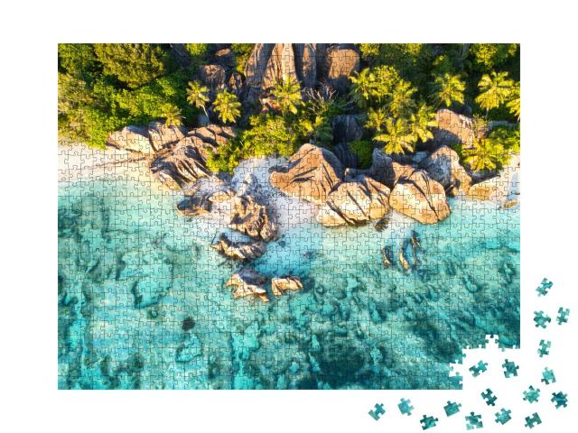 Puzzle 1000 Teile „Vogelperspektive auf den wunderschönen Strand Anse Source D`argent, Seychellen“