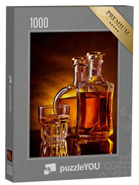 Puzzel 1000 stukjes „Glas met ijsblokjes en twee flessen whisky“