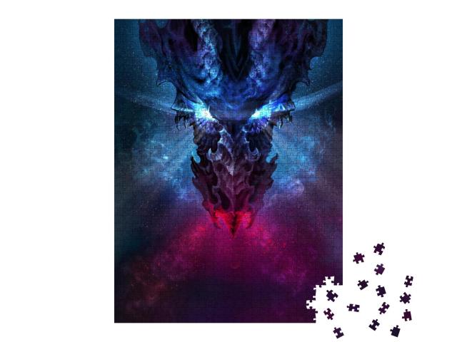 Puzzle 1000 Teile „Fantasy: Feuerdrache mit blau leuchtenden Augen“