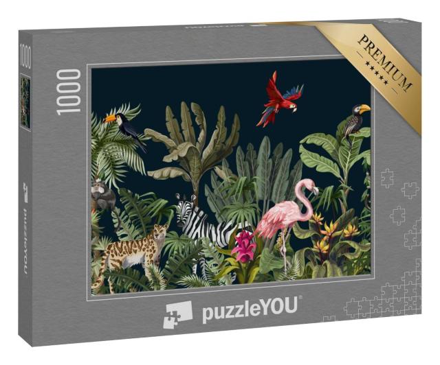 Puzzle 1000 Teile „Nahtloses Muster mit Dschungeltieren, Blumen und Bäumen“